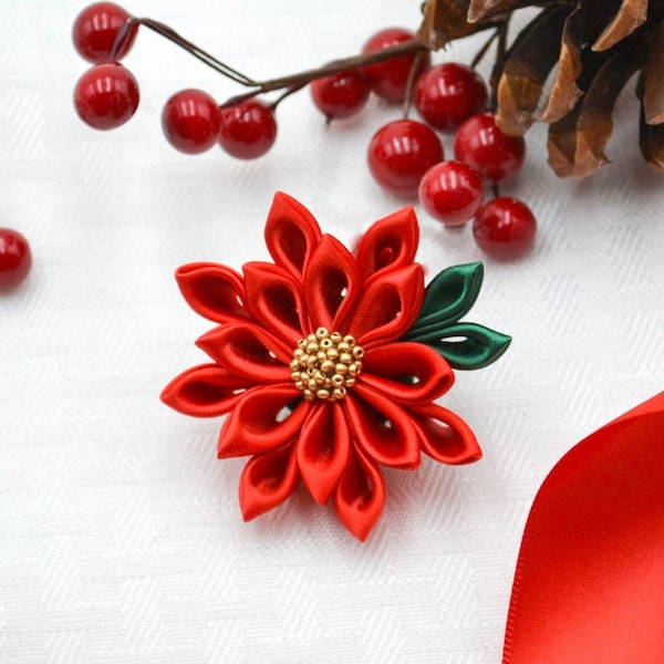 Christmas Poinsettia Flower Kanzashi | Hair Accessory for Kimono, Winter Wedding, Wa Lolita Fashion