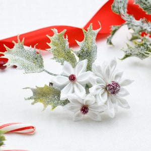 Frosted Holly Snowy White Kanzashi Hair Accessory or Brooch Tsumami Zaiku for Wedding, Costume, Formal Wear, Gift for Her image 1