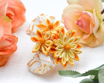 Golden Sunrise Kanzashi with Side Bow - Handmade Tsumami Zaiku Hair Accessory - Pastel Spring Wedding, Kimono, Kitsuke