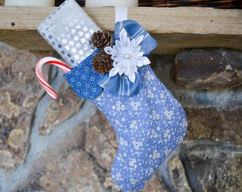 Small Blue Snowflake Vintage Fabric Christmas Stocking |  Handmade Tsumami Zaiku Holiday Decor