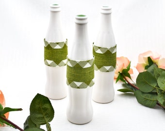 Repurposed Coke Bottle Vase - White and Green Ribbon - Decor