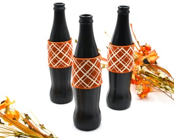 Repurposed Coke Bottle Vase | Black with Orange Diamond Ribbon | Decor
