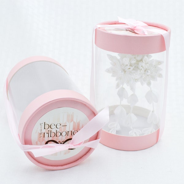 Add-On—Pink Kanzashi Gift Box | Paper Cap Cylinder with Pre-Tied Bow and Clear Plastic Window