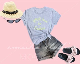 Bella Canvas 3001 Heather Gray Mock Up | Bella Canvas Mockup Pink Background | Athletic Heather T-Shirt | T-shirt Flat Lays On Wood