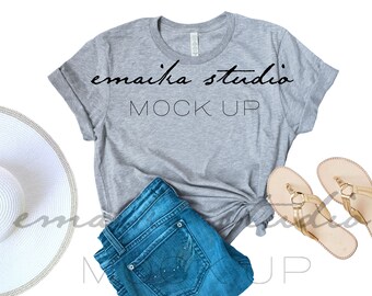 Download Free Bella Canvas 3001 Athletic Heather Gray Tshirt Mock Up | Bella Canvas Mockup | Athletic Heather Gray TShirt Mockup | Flat Lay T-shirt Mockup PSD Template