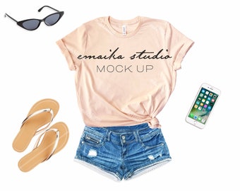 Download Free Peach Bella Canvas T Shirt Mockup 3001 Peach Shirt Flat Lay PSD Mockup Template