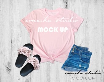 Download Free Bella Canvas 3001 Pink Tshirt Mock up | Bella Canvas Mockup | Pink T-Shirt Mockup | Flat Lay Pink Shirt Mockup | Styled Tshirt Mock up PSD Template