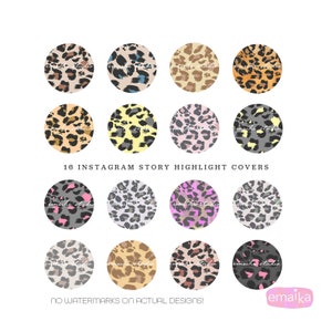 May include: 18 Instagram story highlight covers featuring a leopard print pattern in various color combinations. The covers are circular and have a white background.
