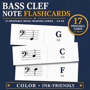 May include: A set of 17 printable music reading flashcards for the bass clef, ranging from C2 to E4. The white cards feature black musical notation on the left and corresponding note names like G, C, and F on the right. The text reads BASS CLEF NOTE FLASHCARDS, 17 PRINTABLE CARDS, and COLOR + INK-FRIENDLY.