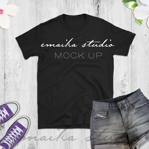 Bella Canvas 3001 Black T-Shirt Mockup: Feminine Flat Lay (Digital Download)