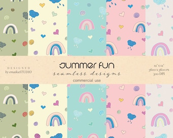 Pode incluir: Conjunto de seis designs de papel digital de 30,5 cm x 30,5 cm com arco-íris, nuvens, corações e redemoinhos em cores pastel. Os designs são sem costura e perfeitos para projetos de artesanato.