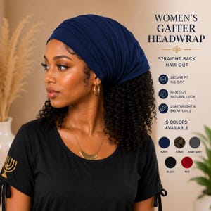 May include: A navy blue gaiter headwrap worn on the head. Text on the image reads: WOMEN'S GAITER HEADWRAP, STRAIGHT BACK HAIR OUT, SECURE FIT ALL DAY, HAIR OUT NATURAL LOOK, LIGHTWEIGHT & BREATHABLE, 5 COLORS AVAILABLE, NAVY, CAMO, DARK GREY, BLACK, RED.