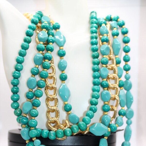 Beckie by JJD's is a beautiful green, teal and gold necklace with matching earrings.  The necklace has three strands with a bold gold chain.