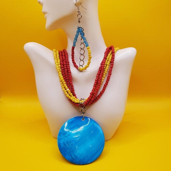 JJD's "Fun Fun" by Just Jewels Designs is a fun bold and bright-colored five-strand necklace set with long colorful earrings.