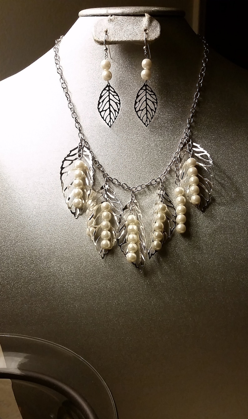 Silver Pearly Wrap by Just Jewel Designs by RM is a gorgeous large filigree leaves necklace set with small filigree earring with faux pearls