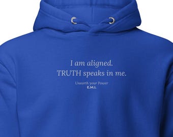 Lapis Lazuli Hoodie "I Am Aligned. Truth Speaks In Me." Royal Blue Unisex Mantra Sweatshirt