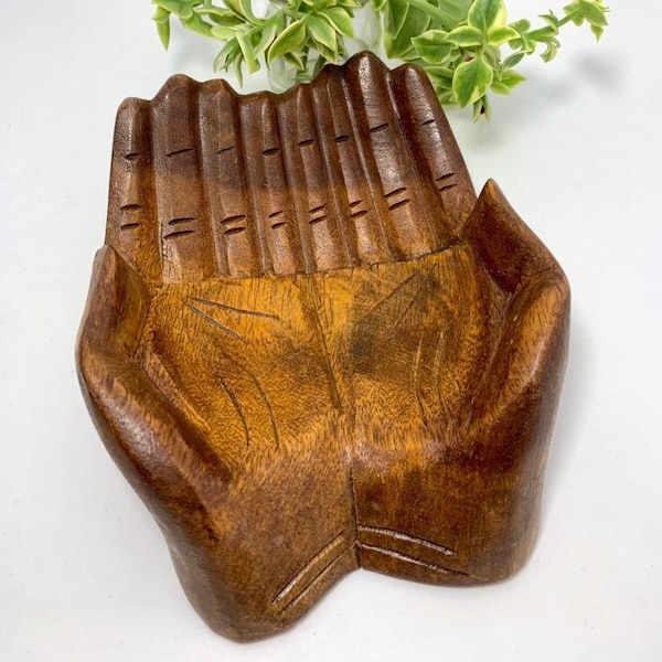 Large Wood Carved Praying Hand Shape Bowl