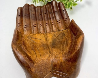 Large Wood Carved Praying Hand Shape Bowl