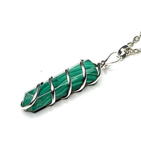 Malachite Pendant Necklace, Malachite Crystal Pendant Wire Wrapped with Chain