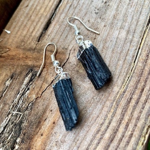 Black Tourmaline Crystal Earrings, Tourmaline Gemstone Dangle Earrings, SP