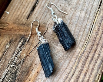 Black Tourmaline Crystal Earrings, Tourmaline Gemstone Dangle Earrings, SP