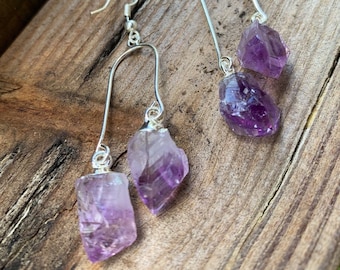 Raw Amethyst Dangle Drop Earrings, Amethyst Gemstone Earrings