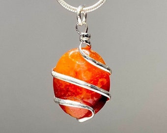 Carnelian Tumbled Crystal Necklace, Carnelian Gemstone Pendant Wire Wrapped with Chain