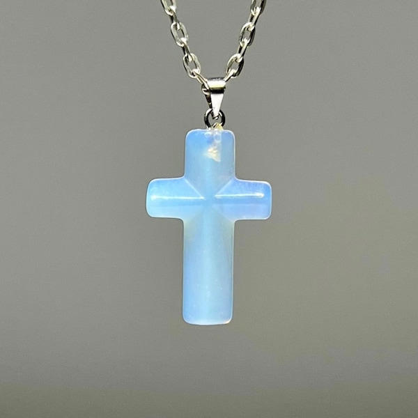 Opalite Crucifix Pendant Necklace, Opalite Cross Crystal Pendant with a Free Chain