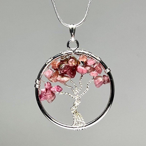 Pink Tourmaline Tree of Life Pendant with Free Chain