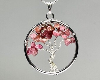 Pink Tourmaline Tree of Life Pendant with Free Chain