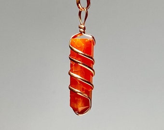 Carnelian Coil Wrapped Pendant  - Rose Gold