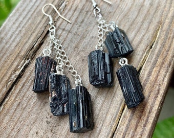 Black Tourmaline Long Dangle Earrings, Tourmaline Crystal Cascade Earrings