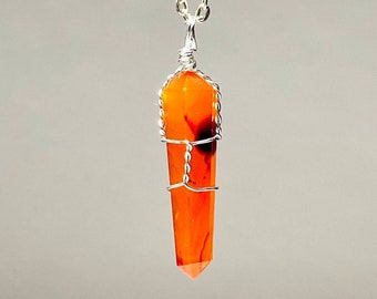 Carnelian Pendant Wire Wrapped with Chain