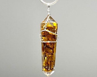 Tigers Eye in Orgonite Wire Wrapped Pendant Necklace