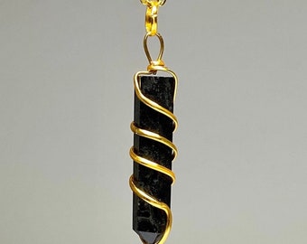 Black Tourmaline Necklace, Wire Wrapped Crystal Pendant with Chain - Gold