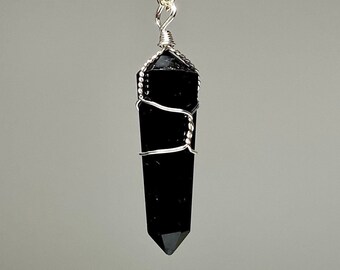Black Obsidian Gemstone Point Pendant, Obsidian Wire Wrapped Crystal Pendant
