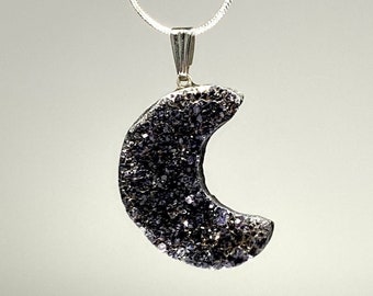 Black Amethyst Half Moon Druzy Pendant Necklace, Amethyst Crystal Pendant Necklace