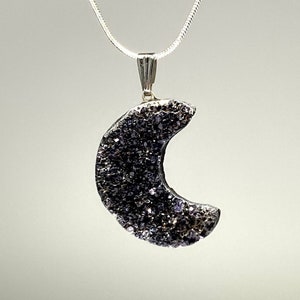 Black Amethyst Half Moon Druzy Pendant Necklace, Amethyst Crystal Pendant Necklace