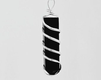 Black Obsidian Gemstone Coil Wrapped Point Pendant, Obsidian Wire Wrapped Crystal Pendant