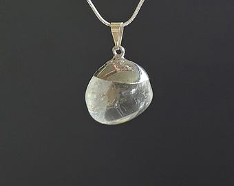 Clear Quartz Crystal Necklace - Tumble Gemstone Pendant with 18" Chain