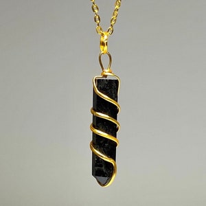Black Tourmaline Pendant Necklace, Tourmaline Crystal Point Wire Wrapped with Chain - Gold