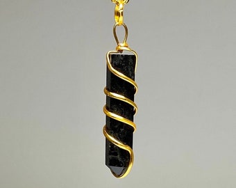 Black Tourmaline Necklace, Wire Wrapped Tourmaline Pendant with Chain - Gold