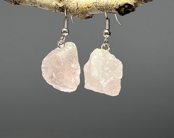 Rose Quartz Crystal Dangle Earrings, Raw Rose Quartz Gemstone Earrings