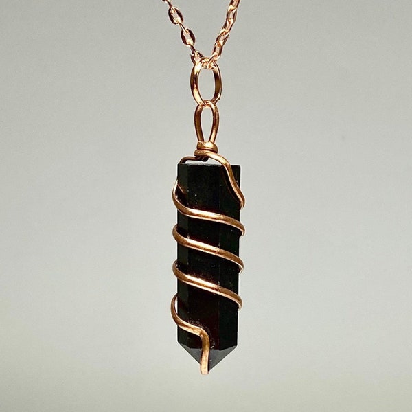 Black Tourmaline Pendant Wire Wrapped with Chain - Copper