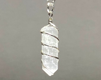 Selenite Crystal Necklace, Selenite Gemstone Pendant Wire Wrapped with Complimentary Chain