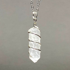 Selenite Crystal Necklace, Selenite Gemstone Pendant Wire Wrapped with Complimentary Chain