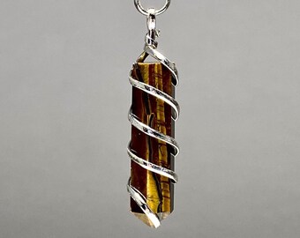 Tiger Eye Wire Wrapped Crystal Necklace, Tiger Eye Gemstone Pendant with Chain