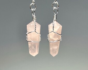Rose Quartz Crystal Dangle Earrings, Rose Quartz Gemstone Wire Wrapped Earrings