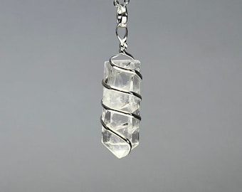 Clear Quartz Crystal Necklace, Wire Wrapped Gemstone Pendant with 18" Chain - CW