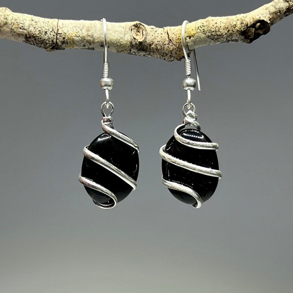 Black Obsidian Crystal Earring, Obsidian Wire Wrapped Dangle Earrings